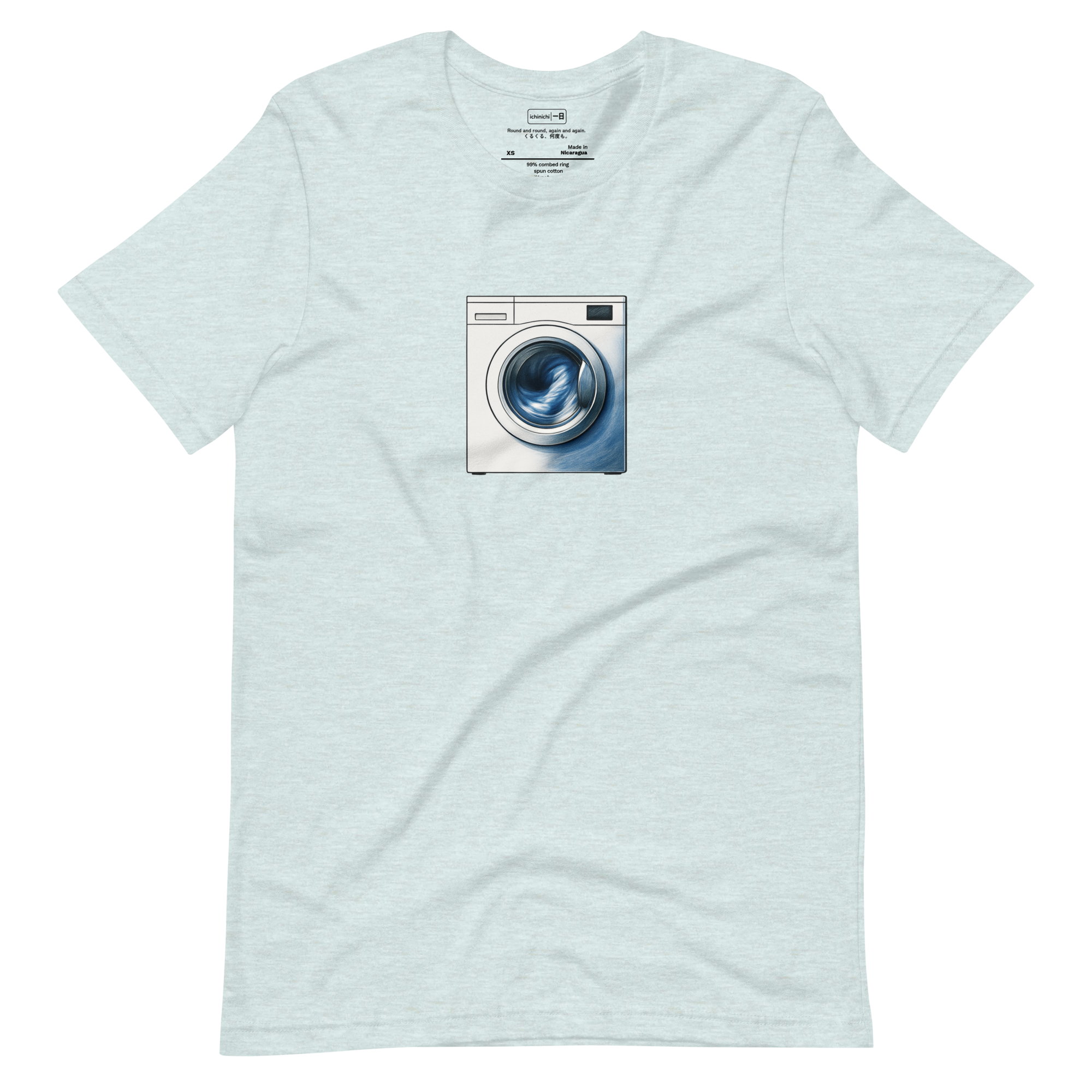 Abstract line art of a washing machine mid-spin on a minimalist t-shirt