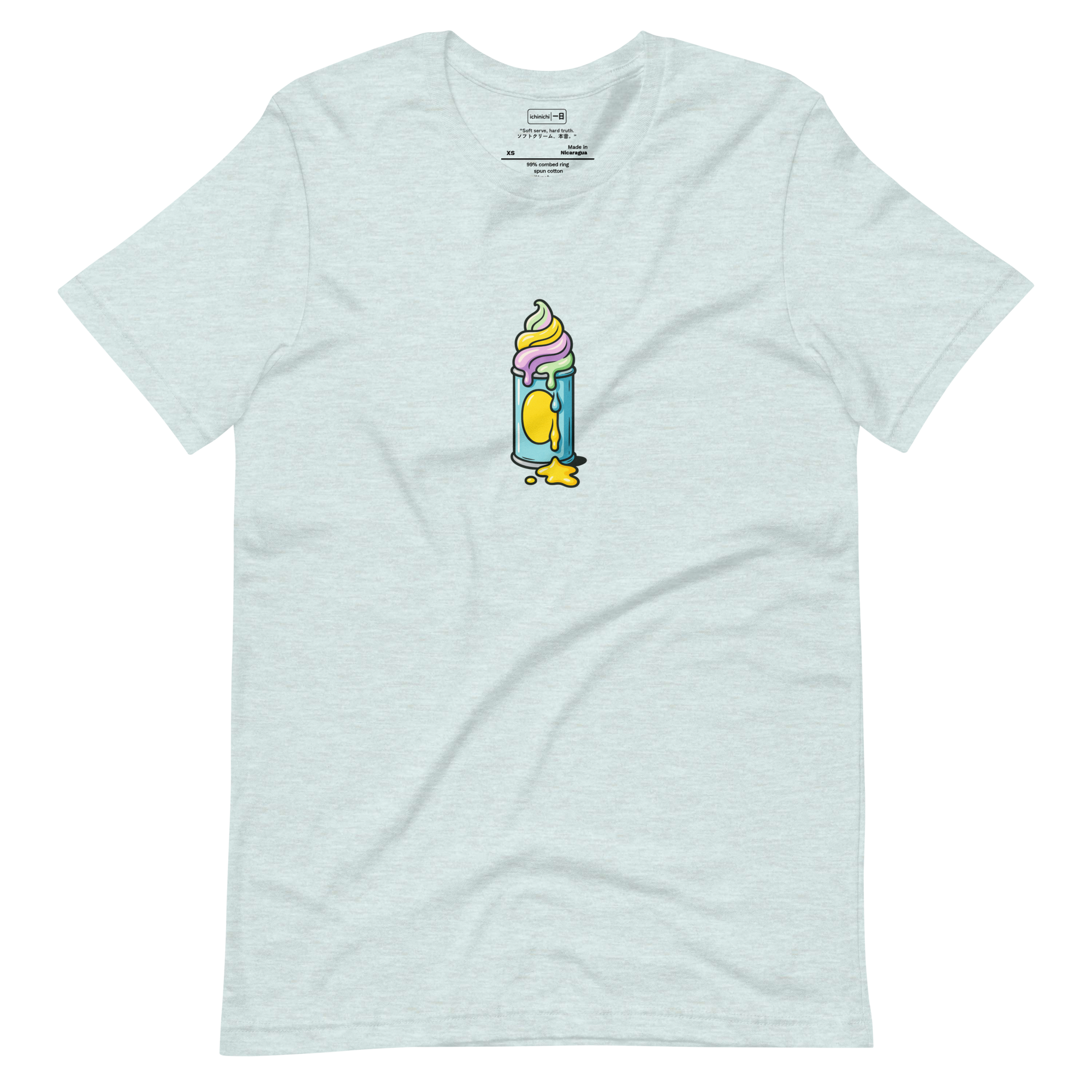 Illustrated spray paint can dripping with colorful ice cream on Heather Prism Ice Blue t-shirt