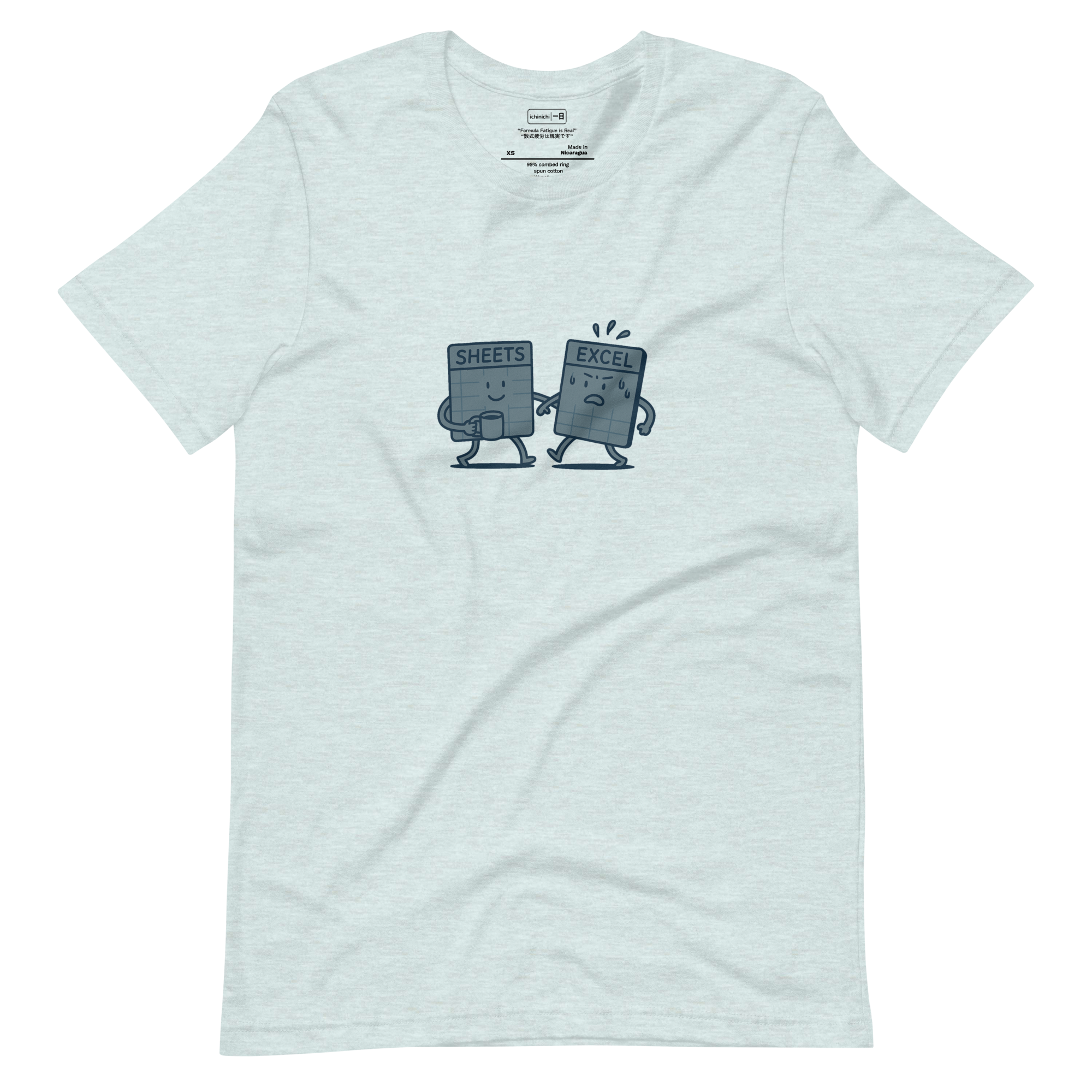 Graphic t-shirt showing a humorous Google Sheets vs Excel spreadsheet standoff