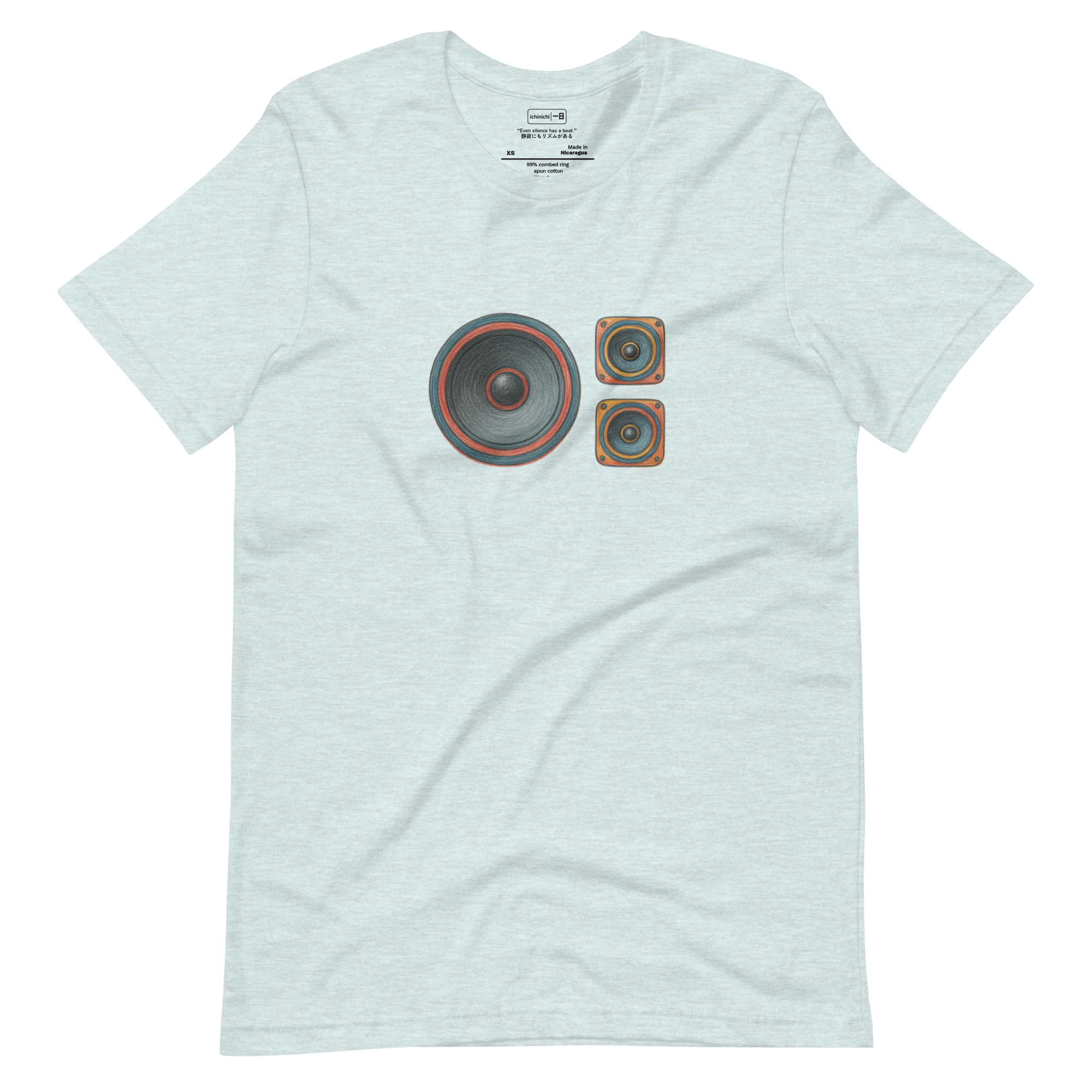 Colored pencil illustration of minimalist speaker layout, showing circles and subtle shading symbolizing rhythm and sound.