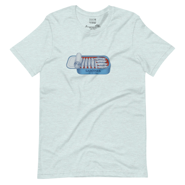 Minimalist line art illustration of a sardine tin with neatly arranged fish, centered on a Short Sleeve T-Shirt.