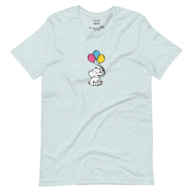 Minimalist short sleeve t-shirt featuring pop art line illustration of a baby elephant with pink, blue, and yellow balloons.