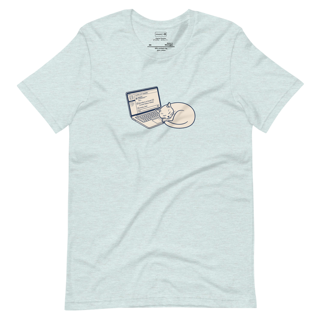 A simple line drawing of a cat sleeping next to a laptop on a minimalist short sleeve t-shirt.
