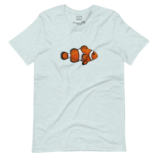A minimalist short sleeve t-shirt featuring a vibrant orange and white clown fish rendered in a bold stippling dot pattern.