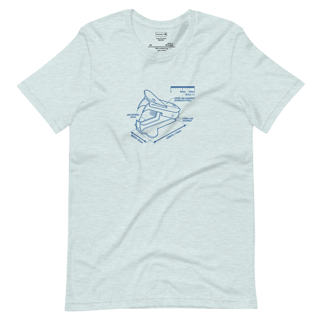 A blueprint illustration of a staple remover on a short sleeve t-shirt.