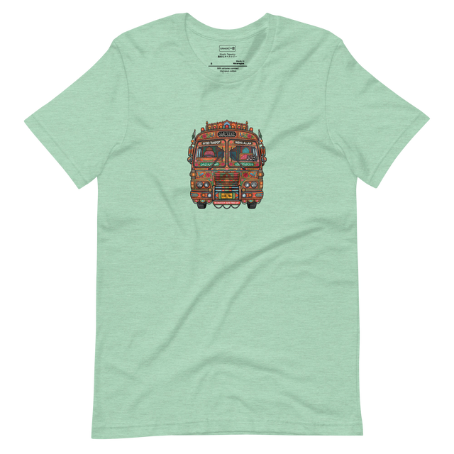 Close up marker illustration of the intricate front of a colorful decorated Pakistani bus on a short sleeve t-shirt.
