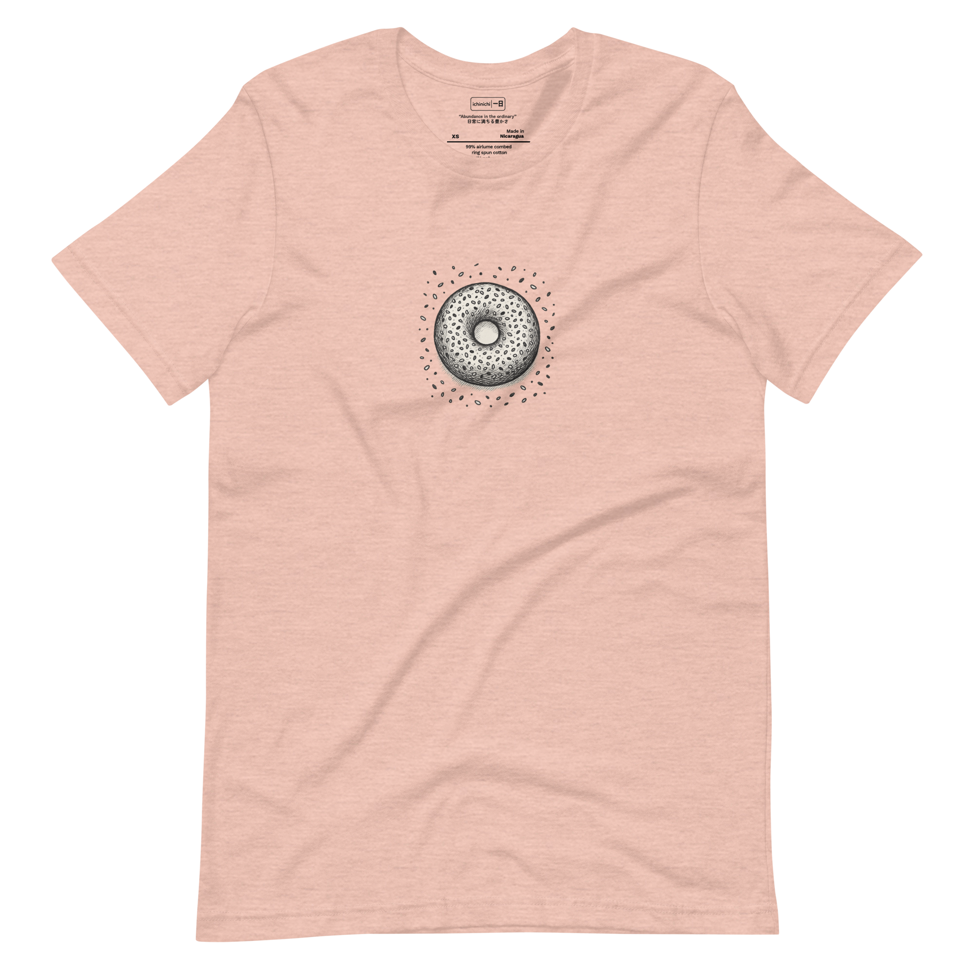 Minimal graphic of an everything bagel, scattered seeds forming a cosmic, abstract pattern.