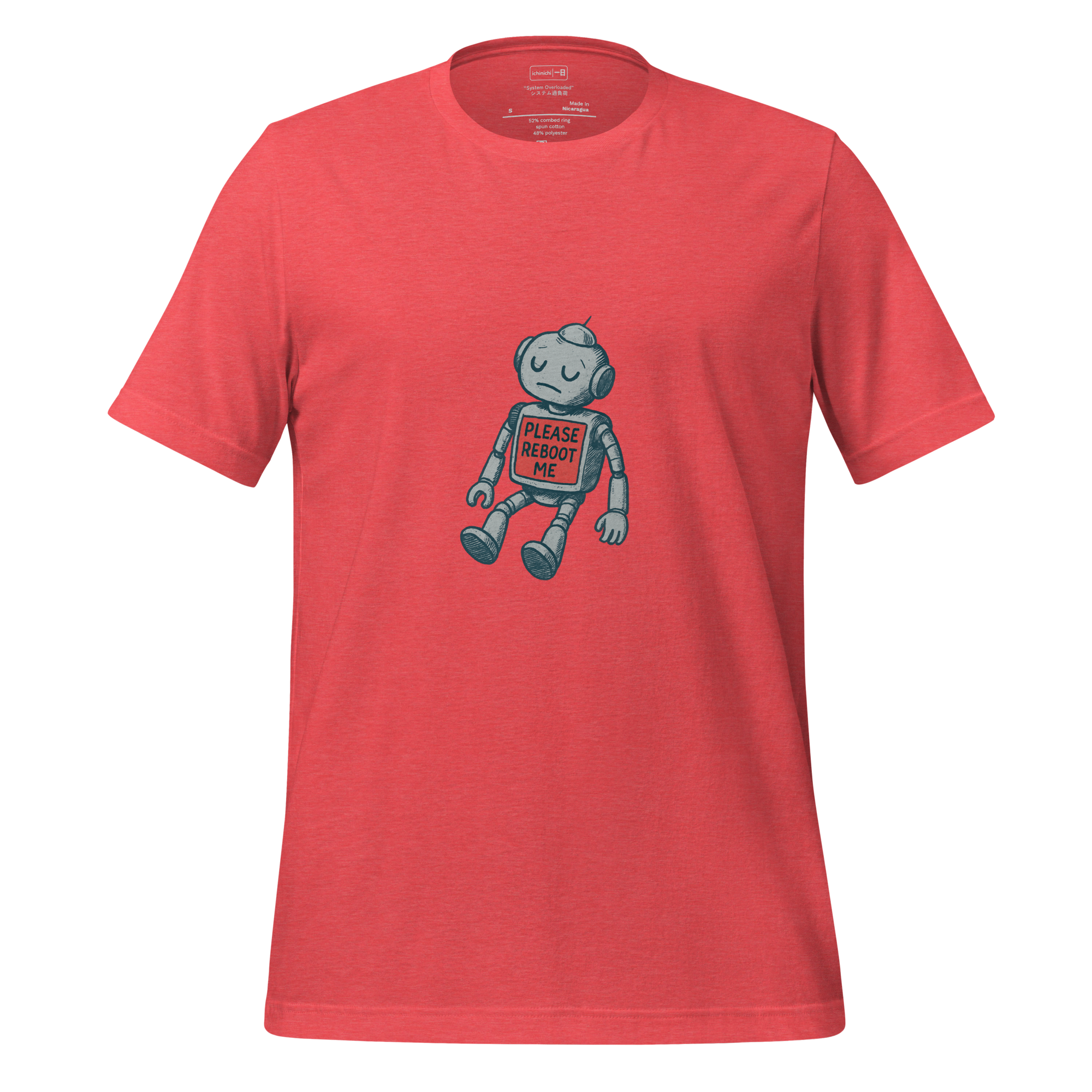 Illustration of a slumped robot with blinking red “please reboot me” message.
