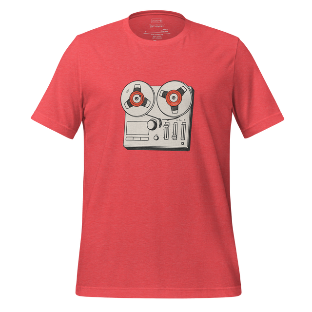 Minimalist line drawing of a vintage reel-to-reel tape recorder with turning reels, inspired by analog sound and memory, reflective T-Shirt design.