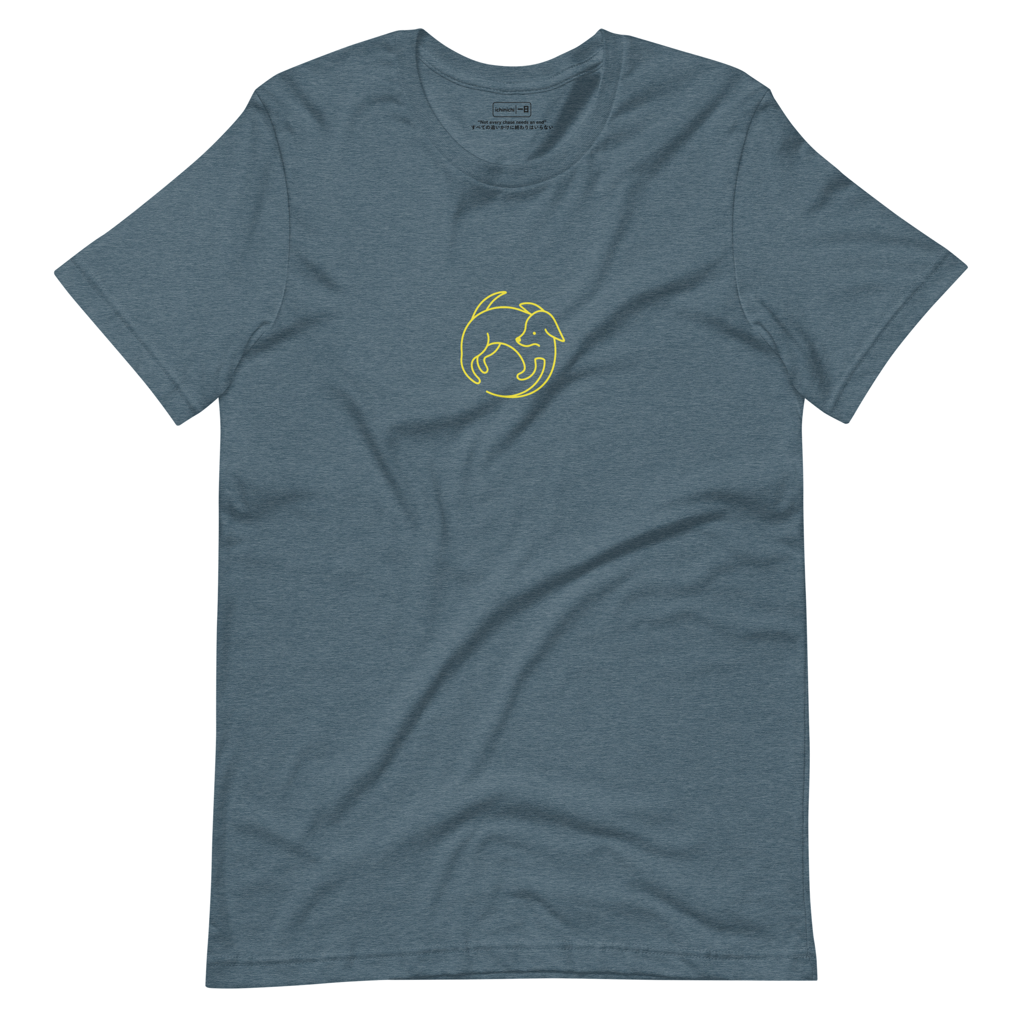 Minimalist line drawing of a dog chasing its tail in a circular motion on Heather Slate shirt