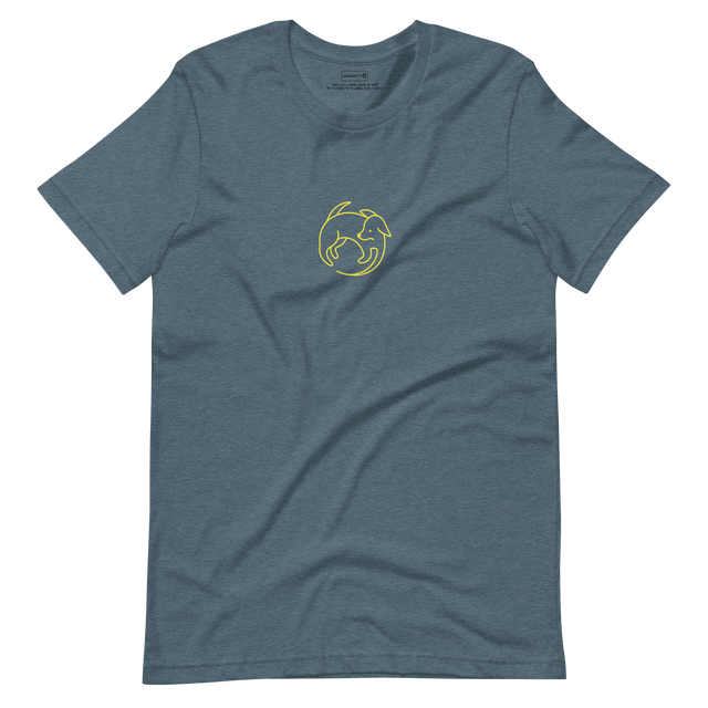 Minimalist line drawing of a dog chasing its tail in a circular motion on Heather Slate shirt