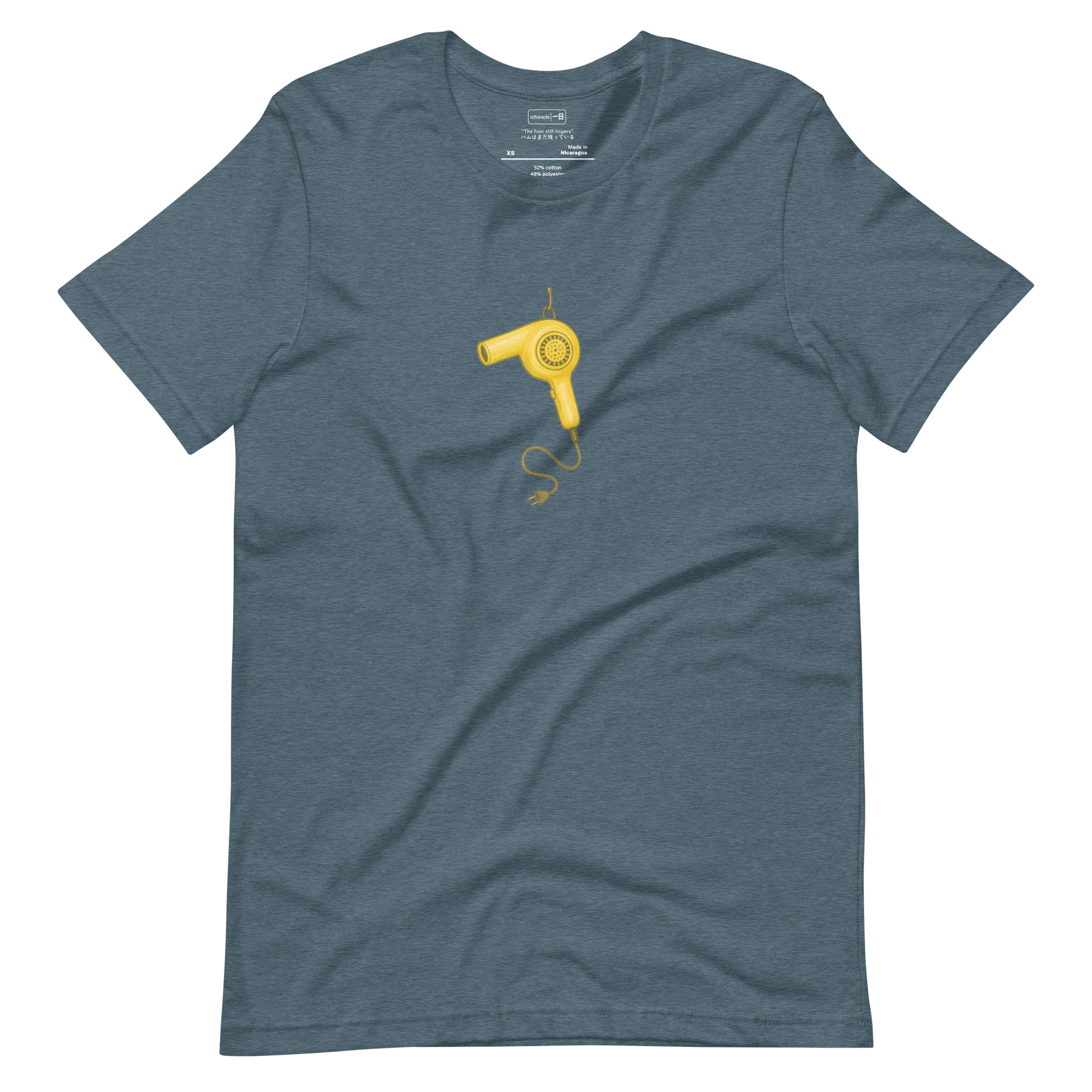 Pencil-drawn retro hairdryer in shades of yellow, hanging on a hook with its cord dangling