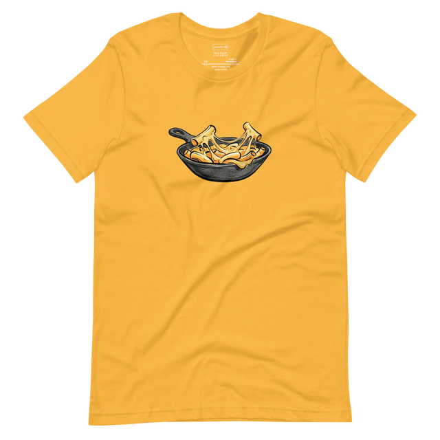 Minimalist brush pen illustration of gooey mac and cheese in a cast iron pan on a Short Sleeve T-Shirt.