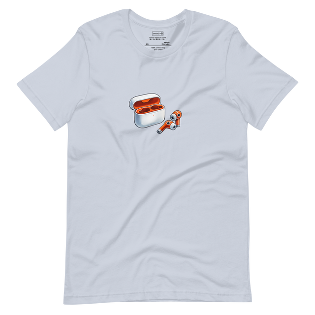 Minimal illustration of modern earbuds beside their charging case on a T-shirt design.