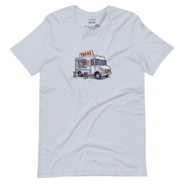 Minimalist line art illustration of a taco truck with Japanese text, T-Shirt design.