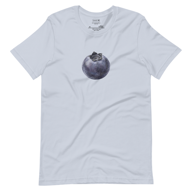 A detailed hand-drawn color pencil illustration of a single isolated blueberry with visible waxy texture on a Short Sleeve T-Shirt.