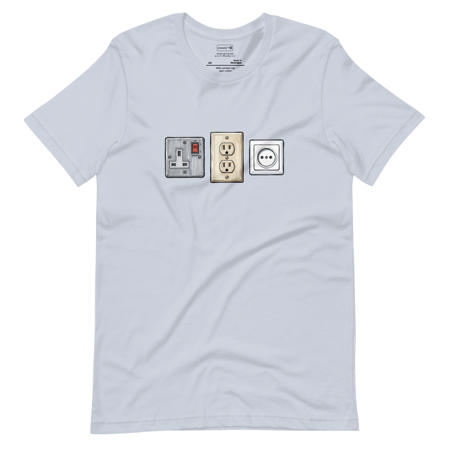 Marker illustration of US, UK, and EU wall outlets in beige, grey, and white on a Short Sleeve T-Shirt.