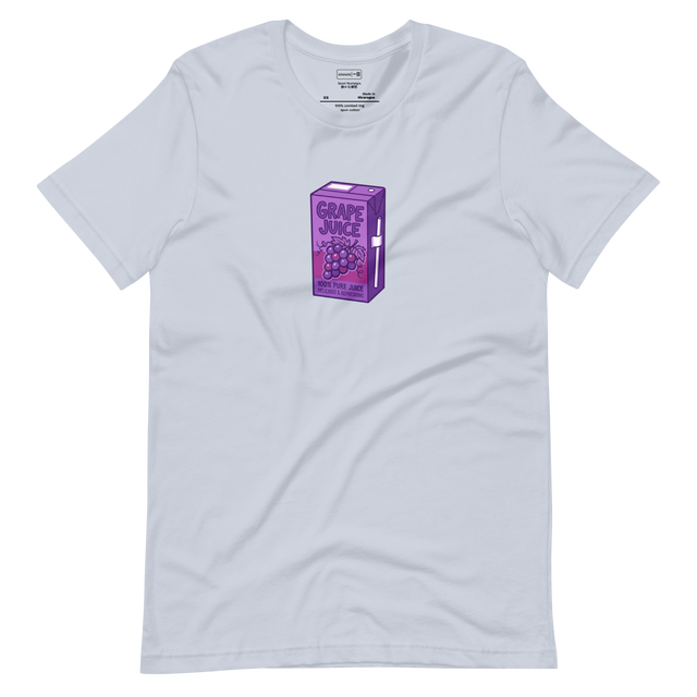 Marker illustration of a purple grape juice carton on a short sleeve t-shirt.