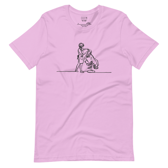 Minimalist black line drawing of a hairdresser and patron silhouette on a Short Sleeve T-Shirt.