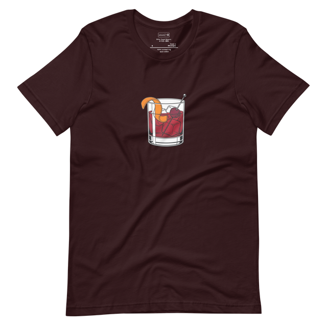 A clean line marker illustration of a classic Negroni cocktail with an orange peel and cherry on a heavy-bottomed rocks glass graphic.