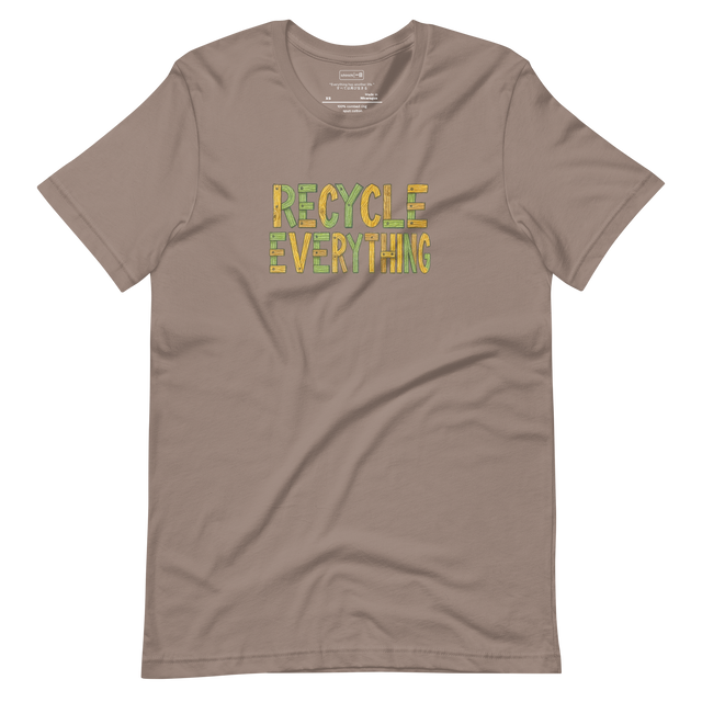 Illustration of the phrase “Recycle Everything” where each letter is made of scrap wood pieces, minimalist T-Shirt design.