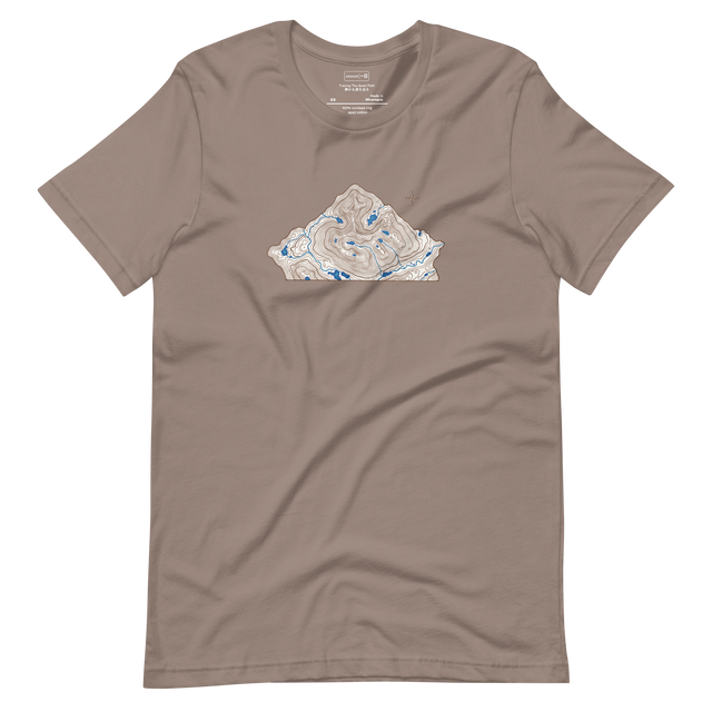 Flat topographic map of an abstract mountain in sepia and blue marker on an off-white Short Sleeve T-Shirt.