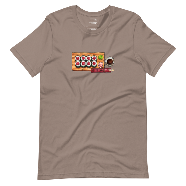 Marker illustration of a tuna roll on a wooden plank with wasabi, a soy dish, and chopsticks on a Short Sleeve T-Shirt.