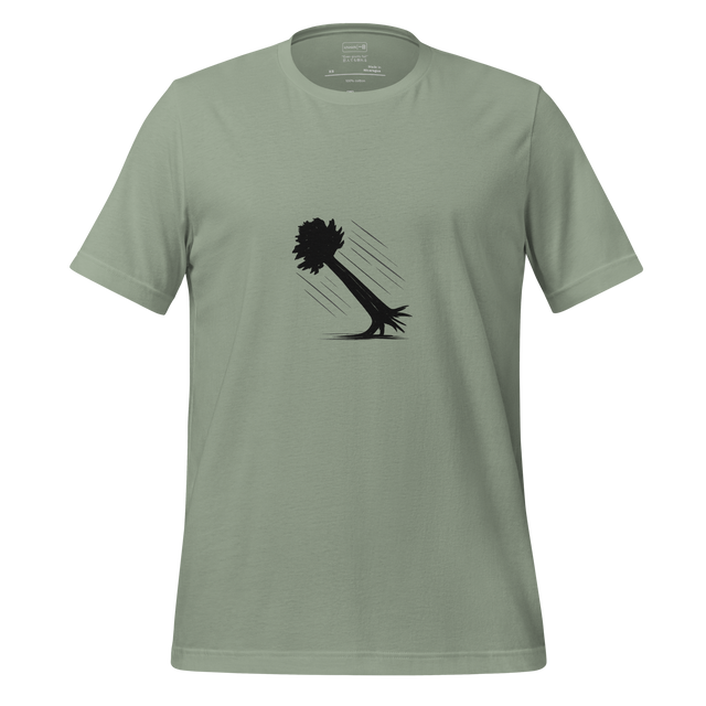 Bold brushstroke drawing of a tree mid-fall with motion lines and lifted roots, symbolizing power and collapse