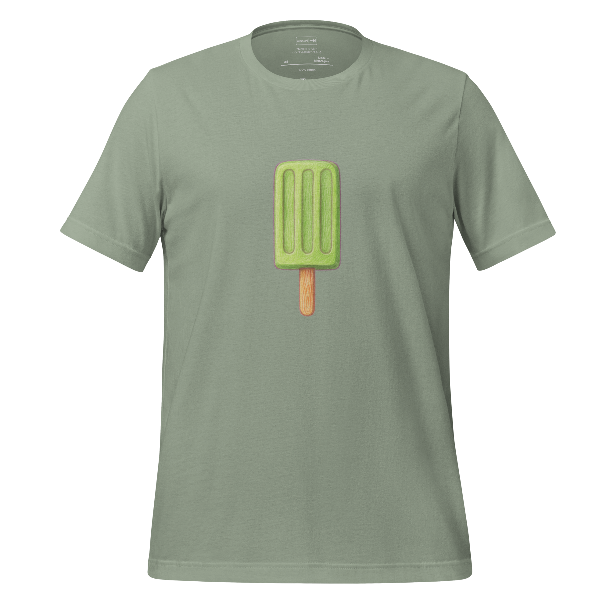 Minimalist illustration of a frozen matcha latte bar on a wooden stick, soft green tones and simple design.