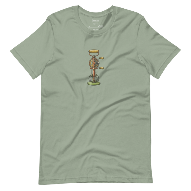 Detailed cross-hatch colored pencil illustration of a vintage rotary hand mixer in 1970s muted colors on a Short Sleeve T-Shirt.