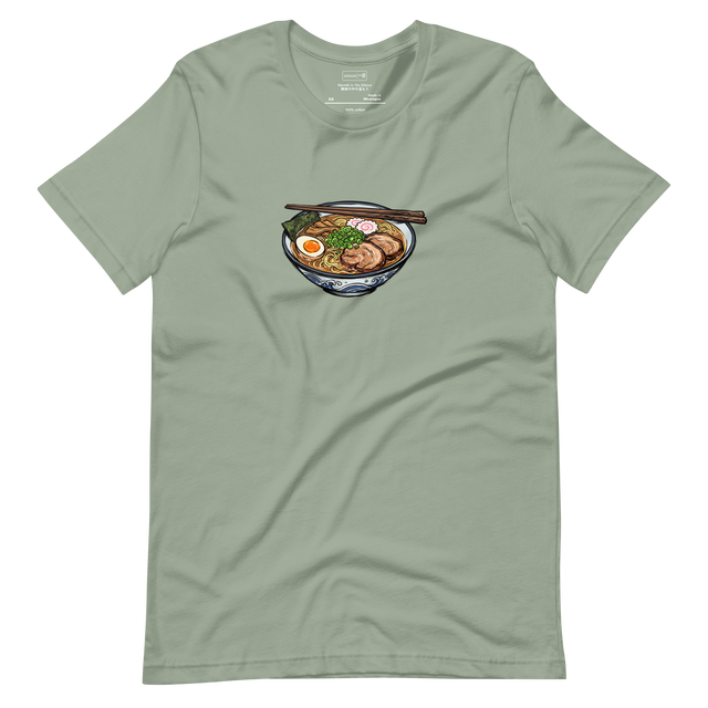 Colorful brush pen illustration of a pork ramen bowl with chopsticks resting across the rim, printed on a Short Sleeve T-Shirt.