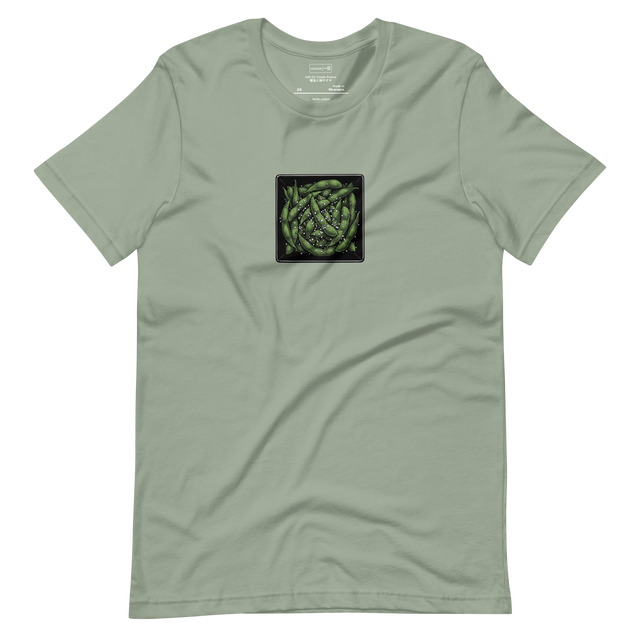 A birdeye view ink drawing of green edamame pods and white salt crystals in a black square bowl, printed on a Short Sleeve T-Shirt.