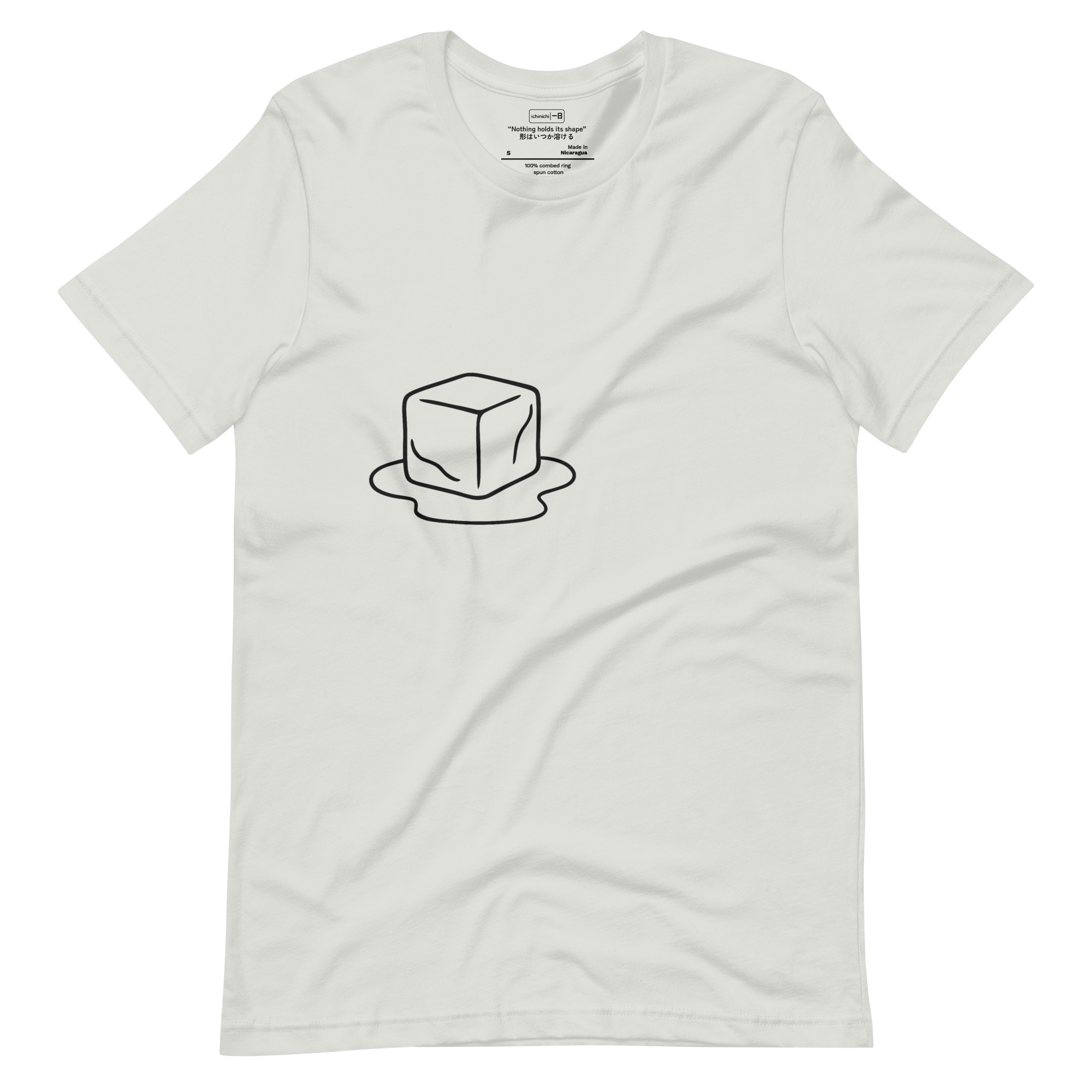 Minimal line drawing of a melting ice cube with a puddle underneath