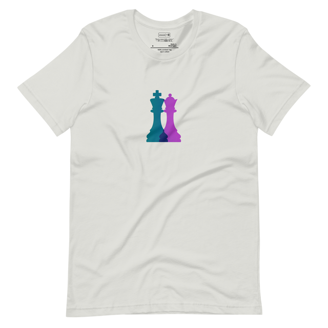 Minimalist chess design with overlapping king and queen pieces in bold colors