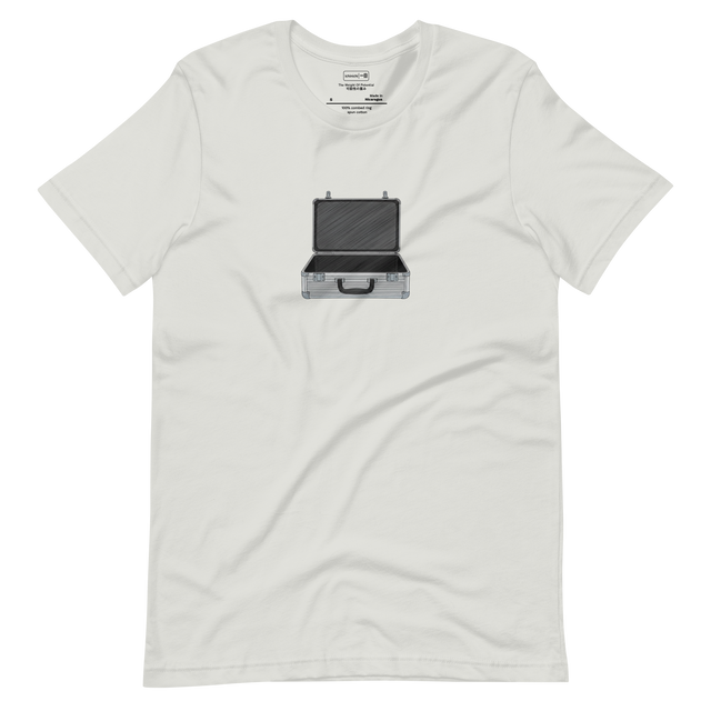 Minimalist line art of an open aluminum clam-shell suitcase on a Short Sleeve T-Shirt.
