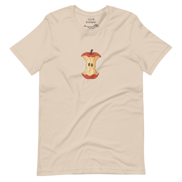 Minimal illustration of a bitten apple core on a T-shirt design.