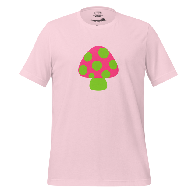 Bold geometric mushroom illustration with pink cap and green polka dots