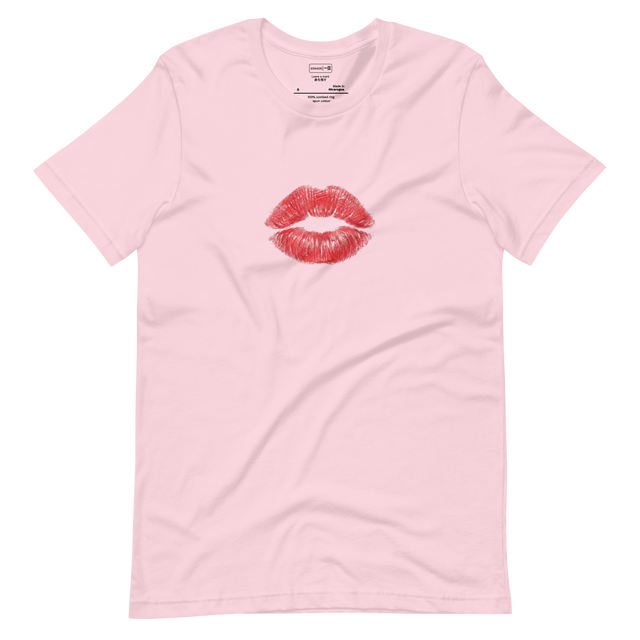 Minimalist artistic illustration of a red lipstick kiss mark on a white background, T-Shirt design.