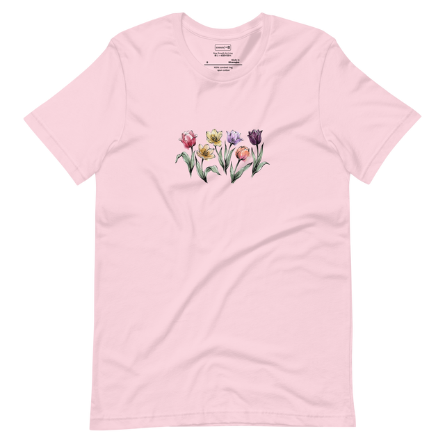 Ink wash illustration of six colorful tulips in bloom on a white Short Sleeve T-Shirt.