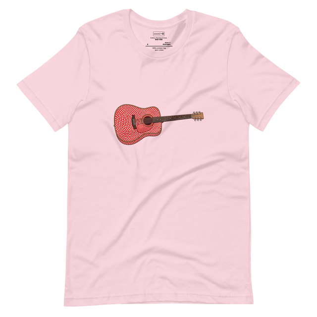Clean brush stroke illustration of an acoustic guitar covered in avant-garde red and white dots on a Short Sleeve T-Shirt.
