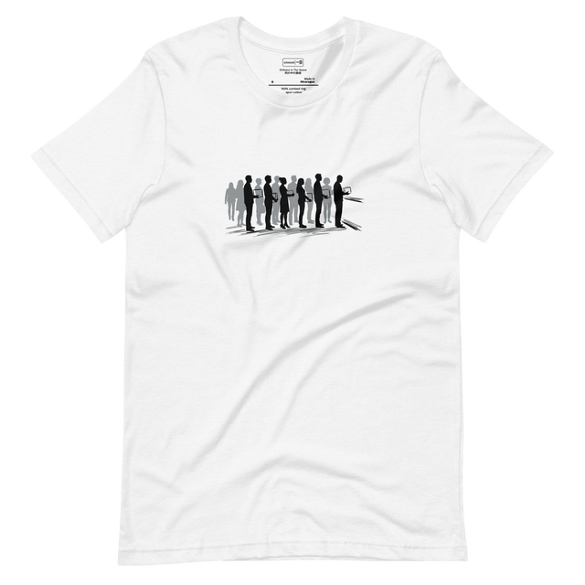 Minimalist illustration of people standing in a queue on a white Short Sleeve T-Shirt.