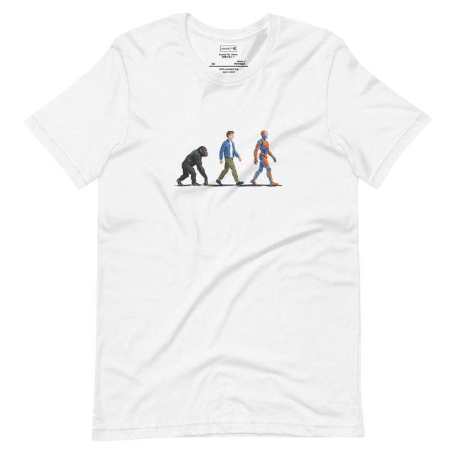 Minimalist evolutionary timeline showing the progression from primate to human to robot on a Short Sleeve T-Shirt.