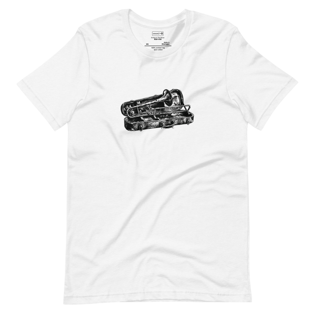 Charcoal sketch of an old well used trombone leaning vertically in an open case printed on a Short Sleeve T-Shirt.