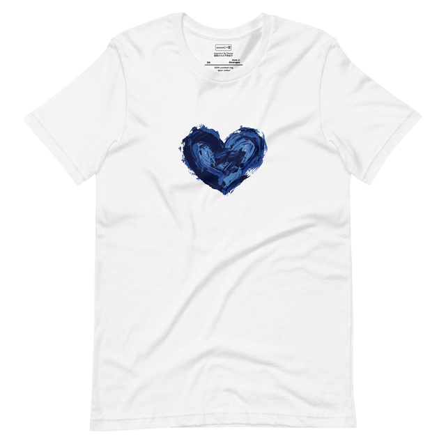 A high-contrast graphic of an unbalanced painted heart on the front of a minimalist Short Sleeve T-Shirt.