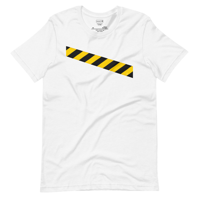 Short Sleeve T-Shirt with painted yellow and black diagonal caution tape stripes.