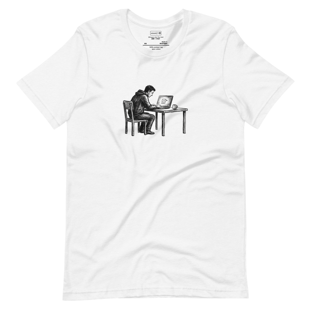 Rough charcoal sketch of a solitary figure waiting at a glowing screen on a minimalist Short Sleeve T-Shirt.