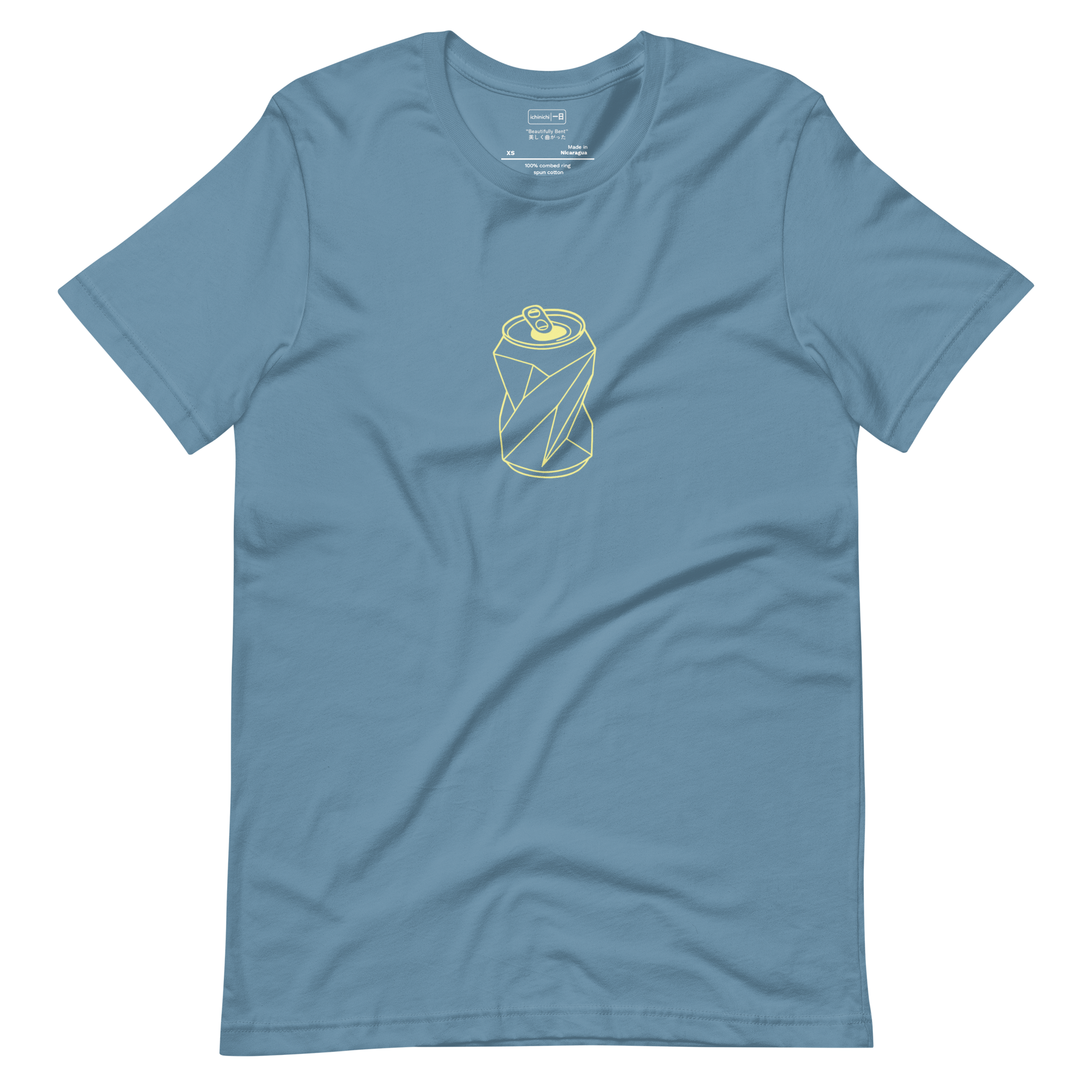 Minimalist line art of a crushed aluminum can in origami style on a soft blue shirt.
