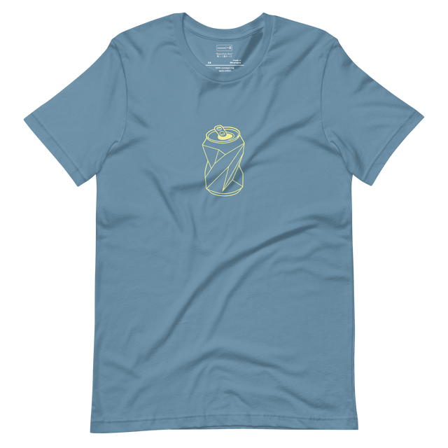 Minimalist line art of a crushed aluminum can in origami style on a soft blue shirt.