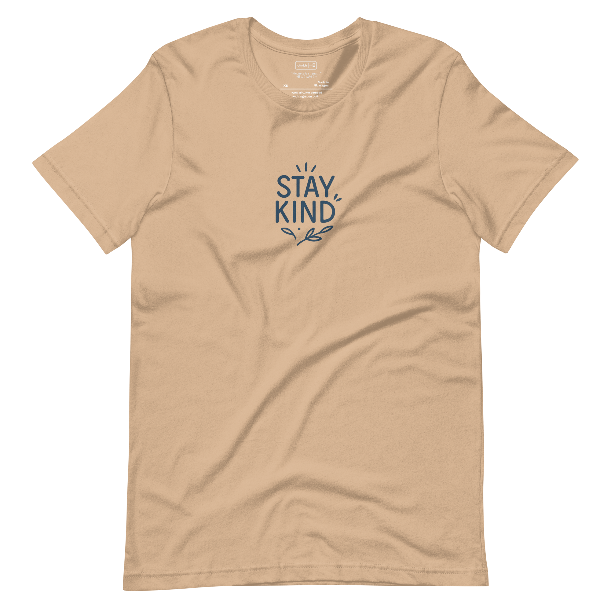 Stay Kind #111 - Hand-lettered navy blue "Stay Kind" typography with decorative light rays and leaves