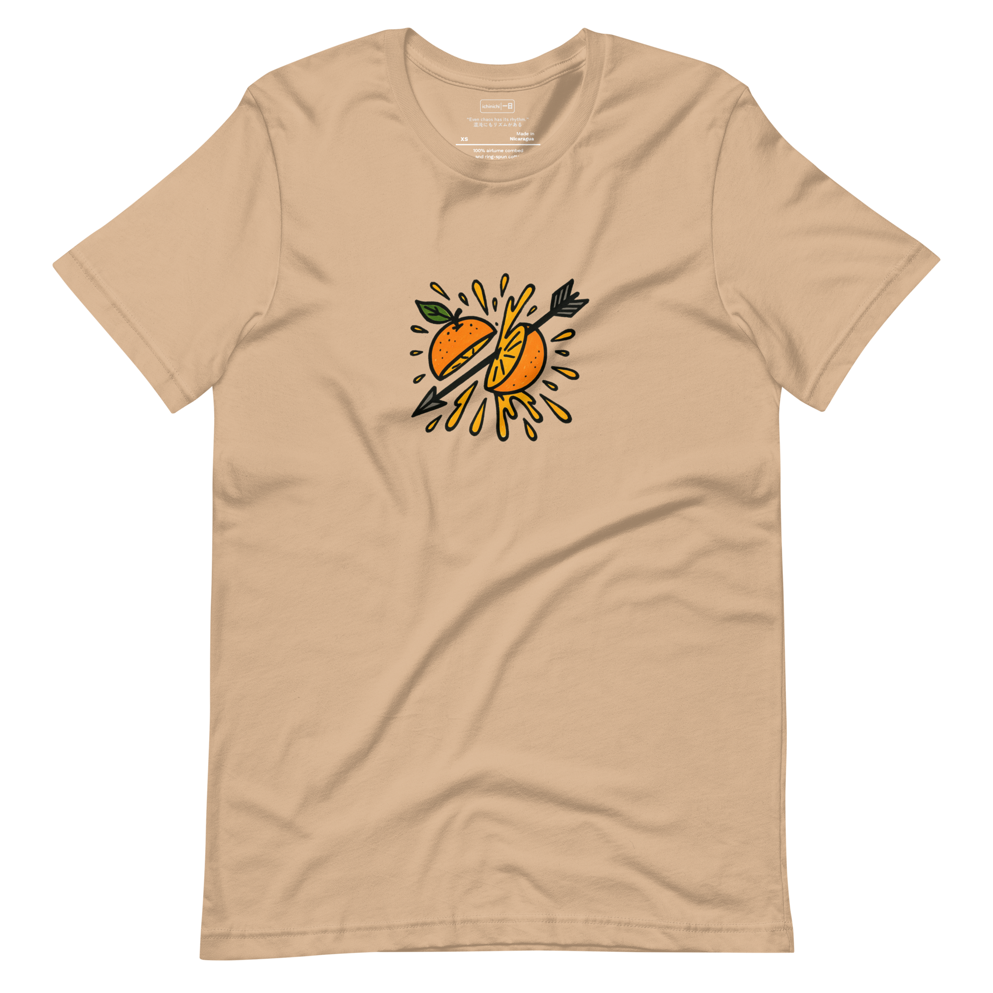 Minimalist illustration of an orange hit by an arrow, splitting open with juice bursting outward in midair.